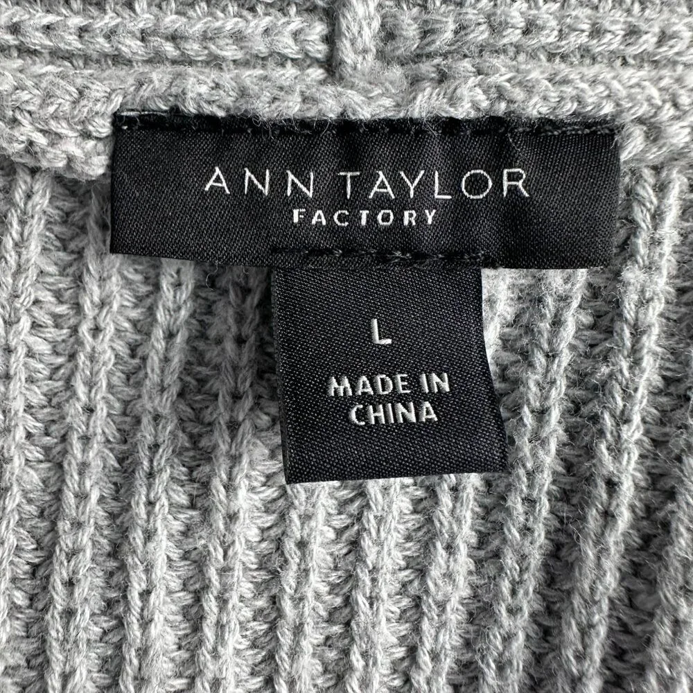 Ann Taylor Factory Open Front Ribbed Knit Cotton Cardigan Sweater,‎ Size L, Grey